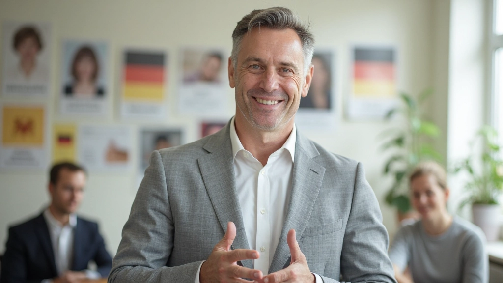 Professor experiente de alemão em ambiente de sala de aula moderna durante aula