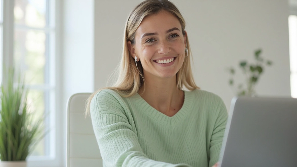 Mulher sorridente participando em aula de conversação alemã online