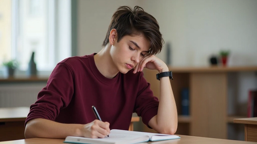Jovem estudante concentrada em aula de alemão com caderno aberto