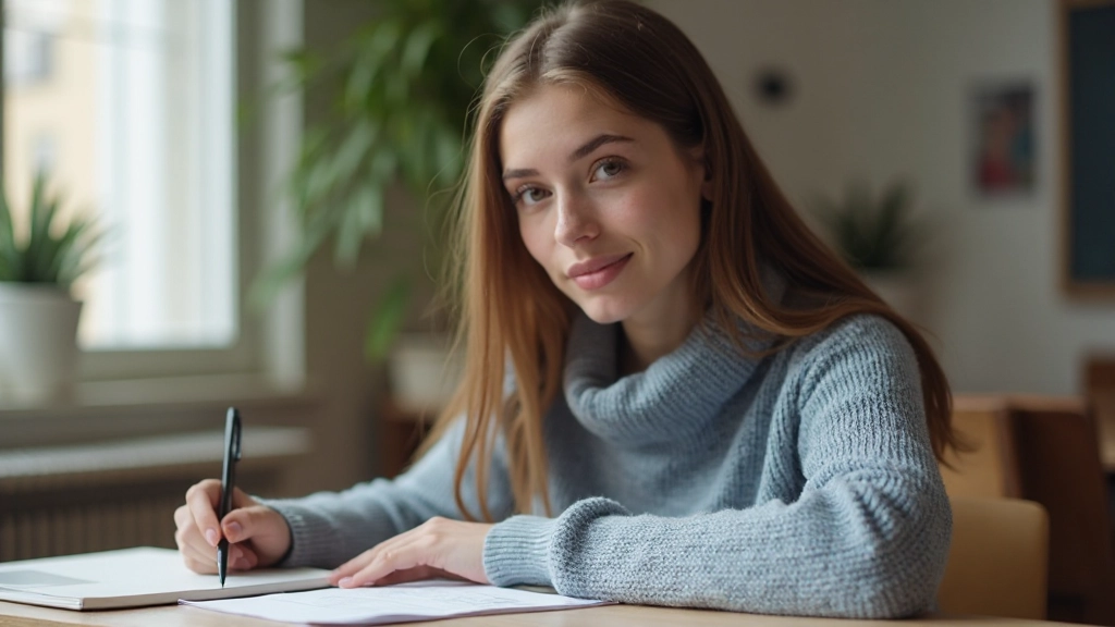 Estudante jovem concentrada aprendendo alemão em sala de aula moderna com caderno aberto
